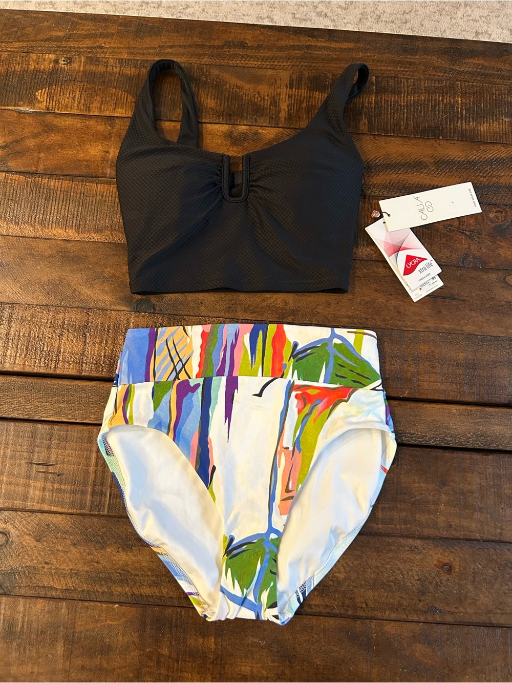CALIA by Carrie Underwood Black Top with Multi-Color High-Waist Bikini Bottoms